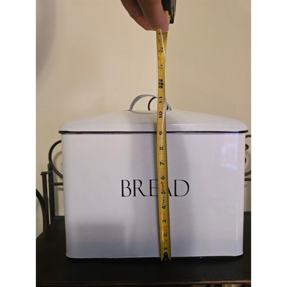 Vintage Farmhouse White Enamel Bread Box Metal Storage Bin with Lid and Handles - Picture 3 of 8